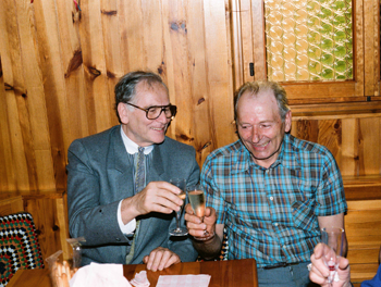 Soemi Cardin make a toast with his cousin Pierre Cardin 